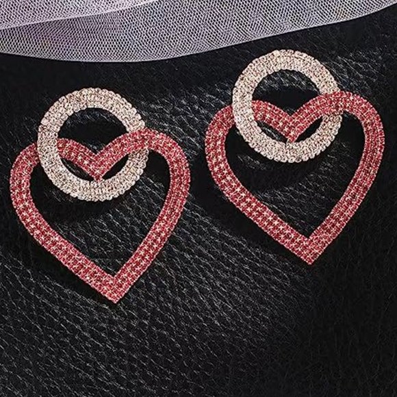 Pink Rhinestone Heart Double Link Post Earrings CZ Crystal Pave Statement New - Picture 2 of 7